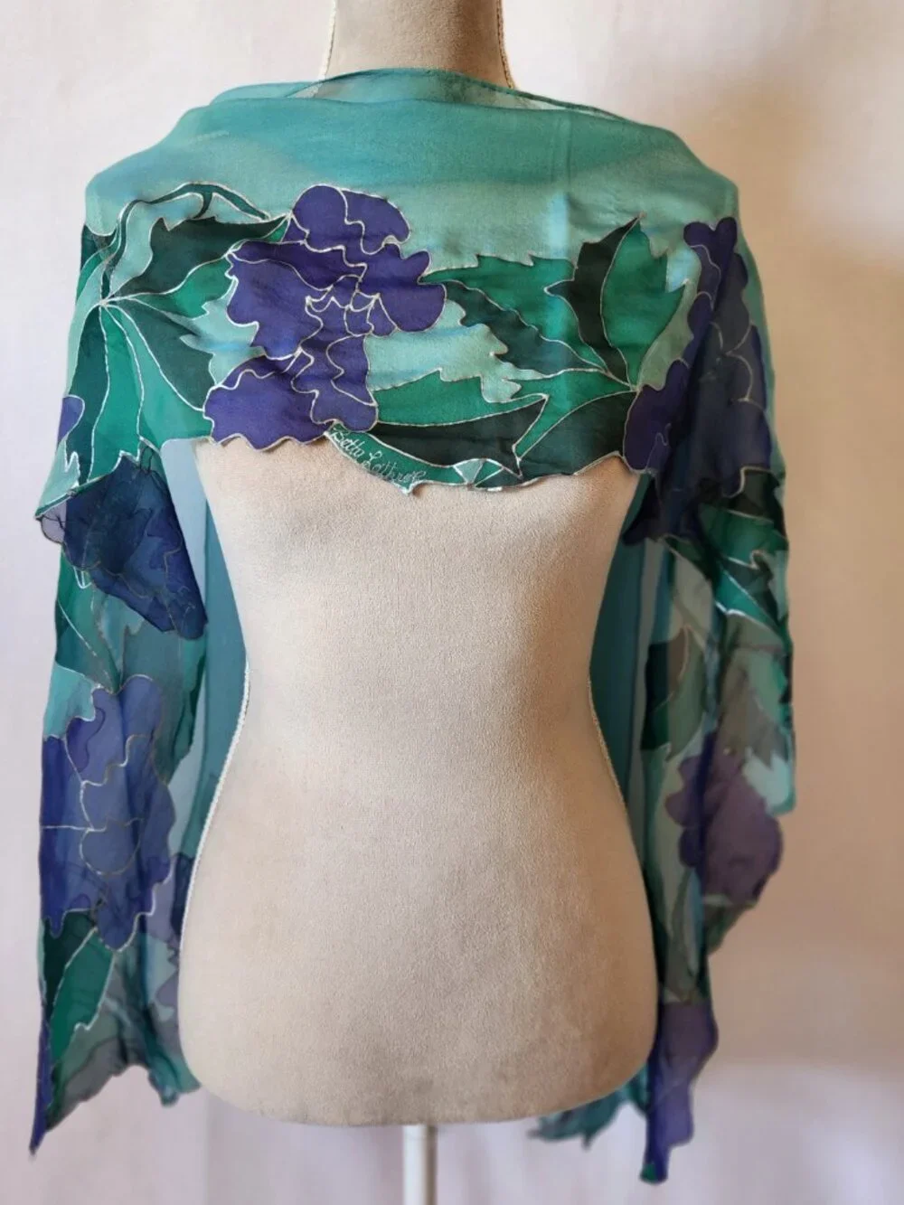 Betty Lathrop Women's Teal Purple Hand Painted Floral Sheer Silk Scarf Wrap